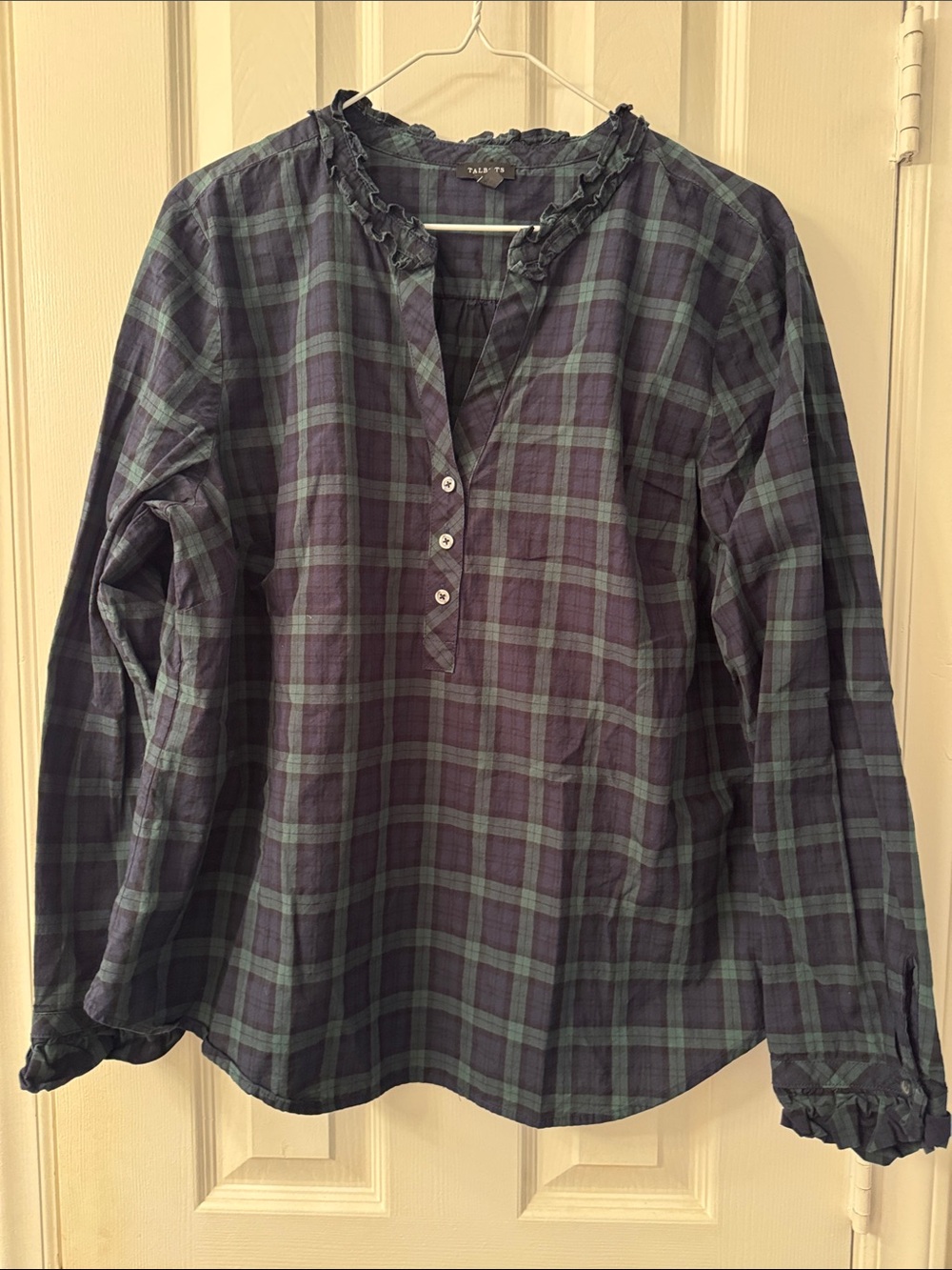 Talbots Navy and Green Plaid Ruffle-Neck Blouse